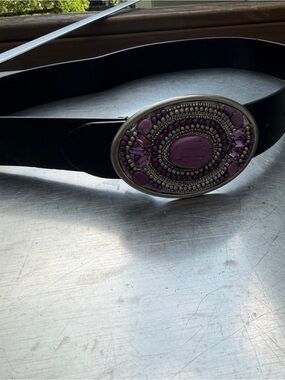 Chico’s Wide Black Faux Leather Belt Purple Beaded Statement Oval Buckle Size M